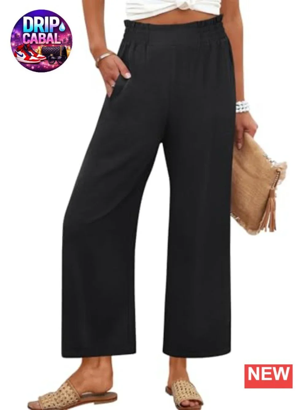 Palazzo Wide Leg Cropped Pants with Pockets, High Waist, Flowy Casual Trousers